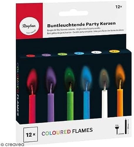 Rayher 31587000 Buntleuchtende Party Kerzen, Länge 5,5 cm, 5 mm ø, Karton 12 farbige Kerzen inklusiv Halter, Partykerzen mit bunter Flamme, Sortiert von Rayher