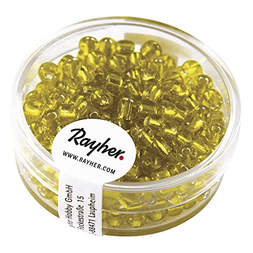 Rayher 1430020 Rocailles, 4 mm ø, mit Silbereinzug, gelb von Rayher