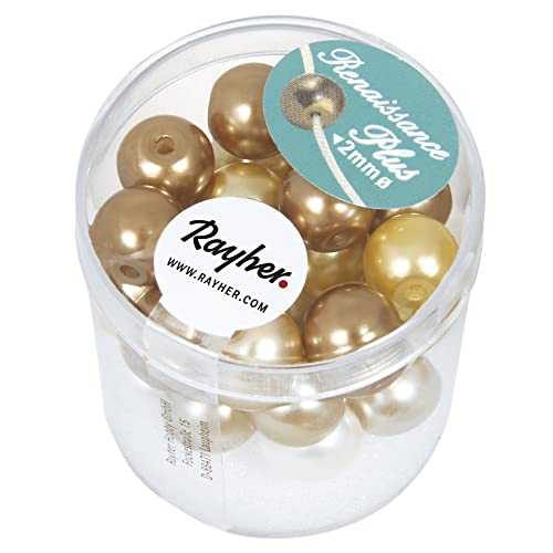 Rayher 14431000 Renaissance Glaswachsperlen, 10 mm, Dose 32 Stück mit Großloch, weiß / beige mix von Rayher