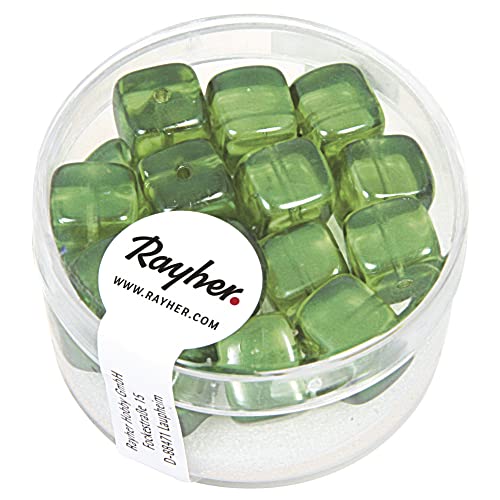 Rayher 14464412 Glasperle-Würfel, 8x9 mm, Dose 18 Stück, maigrün von Rayher