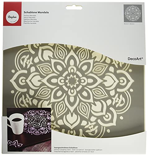 Rayher 38969000 Schablone Mandala, 30,5 x 30,5 cm, Motivgröße ca. 26,5 cm, Polyester, lasergeschnitten, biegsam, wiederverwendbar, Malschablone, Wandschablone Kunststoff, Grau von Rayher