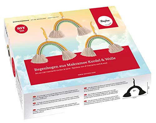 Rayher 55947999 Bastelpackung Makramee Regenbögen, Material für 3 Regenbögen aus Kordel und Wolle, Größe je ca. 13 cm, Regenbogen Dekoration von Rayher