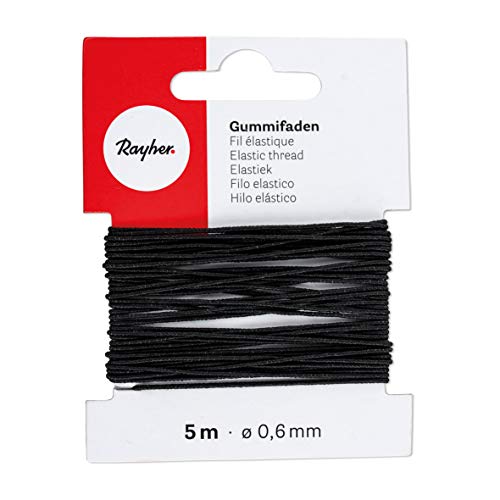 Rayher 8909001 Gummifaden, 0,6 mm ø, Karte 5 m, schwarz, elastische Gummischnur zum Nähen von Behelfsmasken, für Armbänder usw. von Rayher