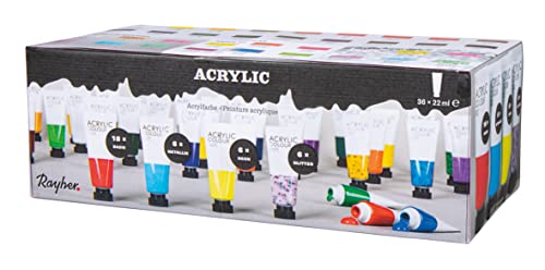 Rayher Acrylfarben-Set, 36 Farbtuben je 22 ml, Basis-/Glitter-/Metallic-/Neonfarben, für Einsteiger und Profikünstler, für viele Untergründe, schnell trocknend, wasserbasierend, lichtecht, 35045999, Bunt von Rayher