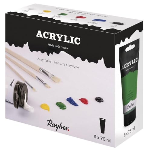 Rayher Acrylfarben-Set, 6 Tuben je 75 ml (schwarz/weiss/rot/grün/gelb/blau), für Einsteiger und Profikünstler, für viele Untergründe geeignet, schnell trocknend, wasserbasierend, lichtecht, 38931000 von Rayher