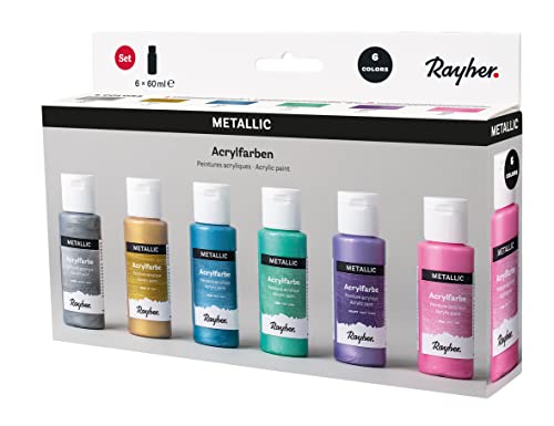 Rayher Acrylfarben-Set Metallic, 6 Farben à 60 ml (rosa, violett, blau, grün, silber, gold), für Einsteiger und Profikünstler, für viele Untergründe geeignet, wasserbasierend, 35059000 von Rayher