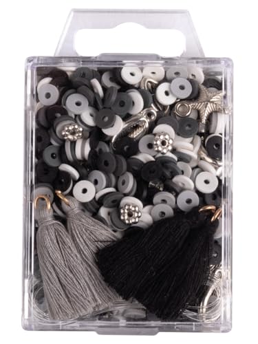 Rayher Heishi Perlen Set aus Polymer-Ton, schwarz/weiß, Mix mit Glasperlen,Quasten,Faden, SB-Box, 15403573 von Rayher