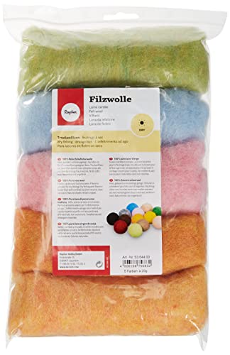 Rayher Hobby Rayher Filzwolle, reine Schurwolle, Vlies, Sommermix Pastelltöne, meliert, Set 5 Farben à 20 g, Filzwolle 100 g, 100% Wolle zum Filzen, Märchenwolle, 5364400 von Rayher