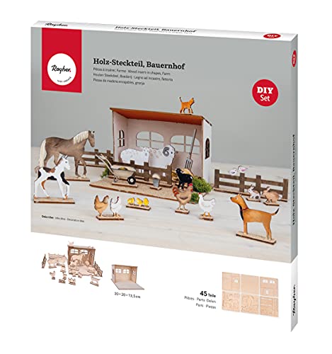 Rayher Holz Steckteil Bauernhof, Holz-Bausatz, FSC Mix Credit, natur, 45-teilig, als Adventskalender der besonderen Art zu verwenden, 46603505 von Rayher