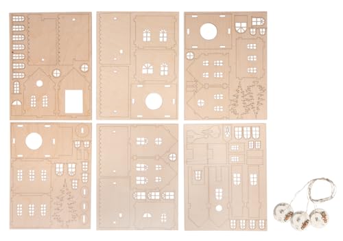 Rayher Holzbausatz Lichterdorf, FSC Mix Credit, Natur, 7-19cm,84tlg,+LED Lichterkette, Box 1Set, 46755505 von Rayher