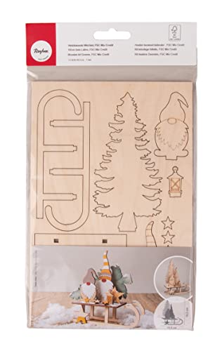 Rayher Holzbausatz Schlitten mit Wichtel, Holz FSC zertifiziert, natur, 11,5 x 5 x 16,5cm, Set 12-tlg., Holzdekoration Weihnachten, zum Basteln und Bemalen, 46671505 von Rayher