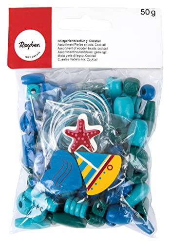 Rayher Holzperlenmischung Cocktail, blau/türkis sortiert + 3x Fädelschnur, Beutel 50 g, Schmuckperlen, Bastelperlen, Holzperlen FSC zertifiziert, 12245384 von Rayher