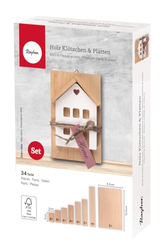 Rayher Klötzchen und Platten aus Holz, FSC zertifiziert, Box 34 Teile, 32 Holzleisten/Klötzchen, verschiedene Größen, 2 Holzplatten, Bastelklötzchen zum Basteln, Bastelstäbe, 46649505 von Rayher