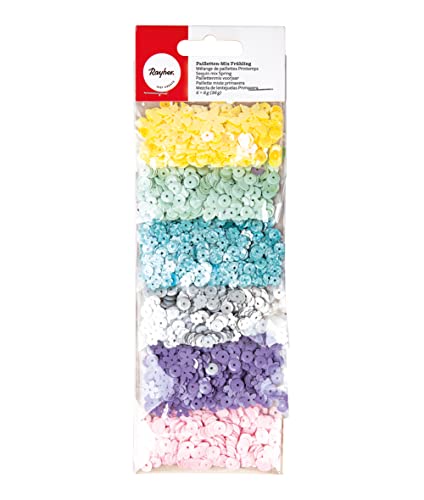 Rayher Pailletten-Mix Frühling, 36 g, bunt, Formenmix, Schmetterlinge, Blüten, Herzen, runde Form, 6 Farben à 6 g, Pailletten zum Basteln, 39586999 von Rayher