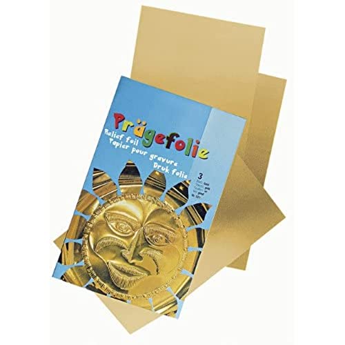 Rayher Prägefolie, Metallicfolie beidseitig goldfarben, Mappe 3 Bogen, 18,5 x 29 cm, Stärke 70 µ, zum Verzieren von Karten, zum Basteln von 3D-Dekorationen, 8147600 von Rayher