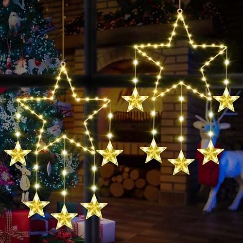 Raymall Weihnachtsstern-Lichterkette, USB-betrieben, 2 Stück Lichterkette für den Innenbereich, mit Timer, 62 LEDs, hängende Lichterkette, Weihnachtslichterkette, USB, Weihnachtsfensterlichter, von Raymall