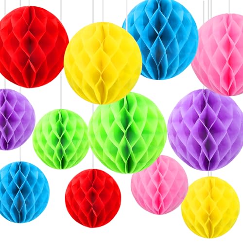 12 Stück Regenbogen Seidenpapier Wabenbälle Deko Bunt Faschingsdeko Party Dekoration Kit für Garten im Freien Partys Kindergeburtstage, Rave-Partys, Weihnachten, Ostern (15cm und 20cm) von Rayong