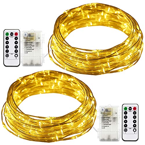 RcStarry 2 Stück Batterie LED Lichterkette Außen, 100 LEDs 10 Meter Wasserdicht Silberdraht Lichterkette 8 Modi mit Fernbedienung Dekoration für Weihnachten, Garten, Hochzeit - Warmweiß von RcStarry