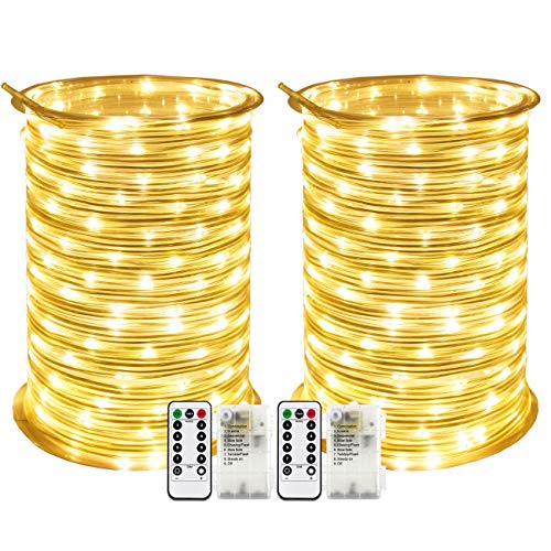 RcStarry 2 Stück Batterie LED Lichtschlauch Außen 100 LEDs 10 Meter IP68 Wasserdicht 8 Modi mit Fernbedienung und Timer DIY Dekoration für Weihnachten, Garten, Hochzeit - Warmweiß von RcStarry