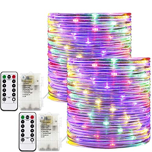 RcStarry 2 Stück Durchmesser 3mm Batterie LED Lichtschlauch Außen, 100 LEDs 10 Meter Wasserdicht Schlauch Lichterkette 8 Modi mit Fernbedienung Dekoration für Weihnachten, Garten, Hochzeit - Bunt von RcStarry