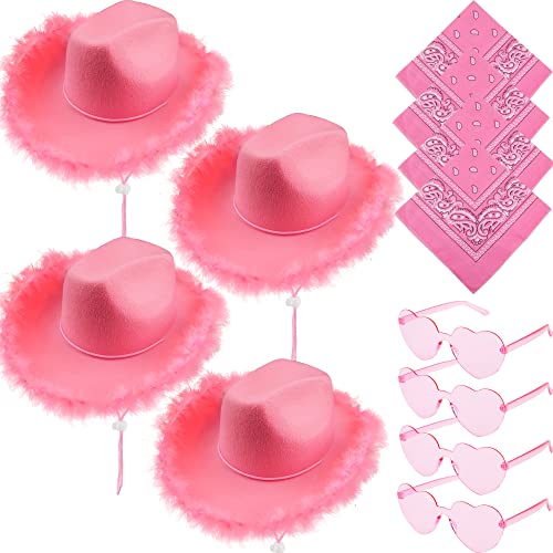 Rcanedny Cowboyhüte mit Federkrempe, Cowgirl-Hut mit Herz-Sonnenbrille und quadratischem Handtuch für Damen und Mädchen, Halloween, Cowboyhüte, Party-Set (pinkes Set), 4 Stück von Rcanedny