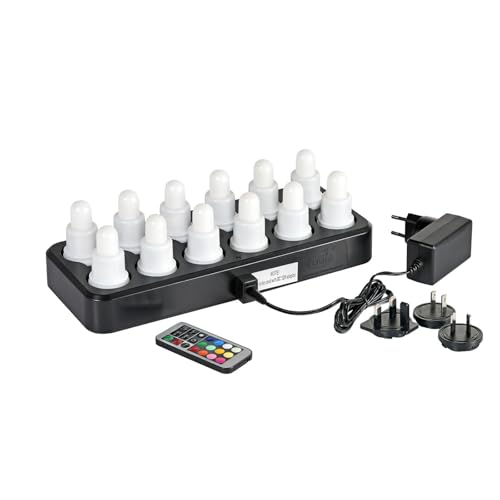 ReWu Duni LED-SET Plug Flex - 12 Stück - Warmweiß & Multicolour Mehrfarbig Wiederaufladbar Inklusive Ladestation & Fernbedienung LED-Beleuchtung Tischleuchten LED-Kerzen Alternative Teelichter von ReWu