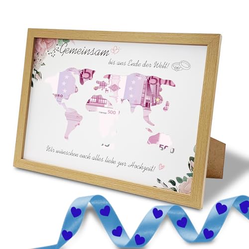 Geschenk Hochzeit Geldgeschenk, Personalisiertes Geldgeschenk Hochzeit, Hochzeitsgeschenke für Brautpaar Geld, Hochzeitsgeschenk Verpackung mit Weltkarte im Holz Bilderrahmen von Realjoy