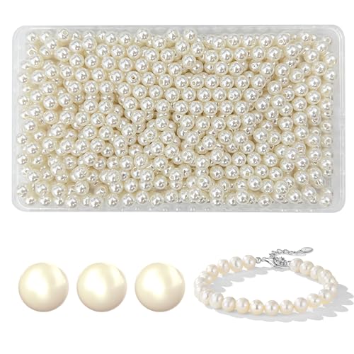 Glasperlen Beige Pearls, 650 Stück 8mm Perlen zum Basteln Auffädeln mit Loch, Bastelperlen Elfenbeinfarbene Perlen Runde Perlen Kunstperlen für Dekoration, Armbänder, Halskette, Schmuckherstellung von Realjoy