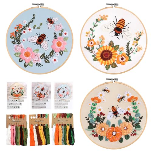 Realjoy Stickerei Set Anfänger,2024 Neu Bienen-Stickerei-Set mit Blumenmuster Kreuzstich-Kit Starter Tools Kit mit Kunststoff-Stickrahmen, Farbfäden und Werkzeuge, für DIY Kunst, Handwerk, Sticken. von Realjoy