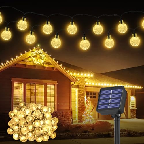 Solar Lichterkette Aussen Wetterfest, 60 LED 8 Modi IP65 Kristall Kugeln Outdoor Lichterkette Solar aussen Wetterfest Lampions für Balkon Terassen Garten Bäume Weihnachtsdekoration Festival(warmweiß) von Realky