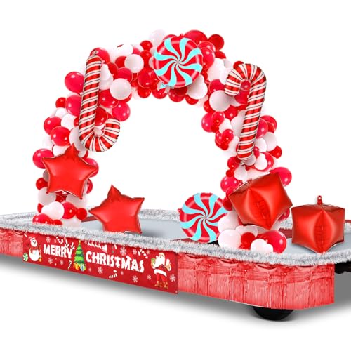 Realspring 12-teiliges Weihnachtsparade-Dekorationsset, Weihnachtsballon-Girlande, Bogen-Set, Frohe Weihnachten, Banner, metallische rote Folienfransen, metallische Lametta-Girlande, Party-Dekoration von Realspring