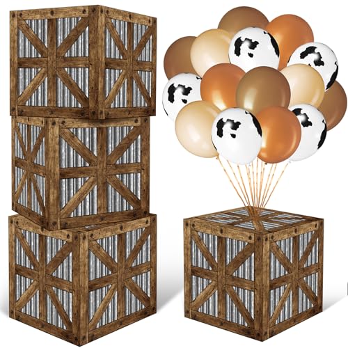 Realspring 4 Stück Ballonbox Vintage Zinn Braun mit 12 Stück Boho Ballon Foto Requisiten Party Dekoration Karton Box mit Holzmuster für Geburtstagsfeier Gaming Party Weihnachten Party Geschenktüten von Realspring