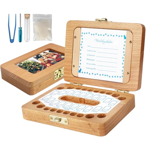 Realtopdo Milchzahndose Mädchen & Jungen - Zahndose Holz für Zahnfee Geschenke mit Fotorahme Funktion,Milchzähne Personalisiert Milchzähnebox Geschenke Aufbewahrungsbox für Baby-Zähne von Realtopdo