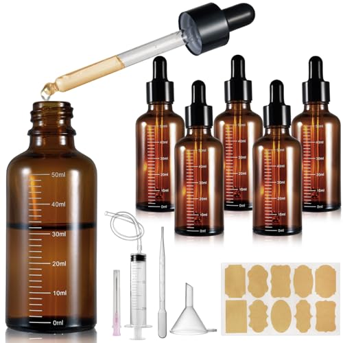 Realure 5 Stück Pipettenflasche 50ml mit Skala, Kleine Braunglas Glas Tropfflasche Dropper Bottle, Refillable Flasche mit Pipette, für Ätherische Öl Parfümöle Flüssigkeit 5 Hilfszubehör von Realure