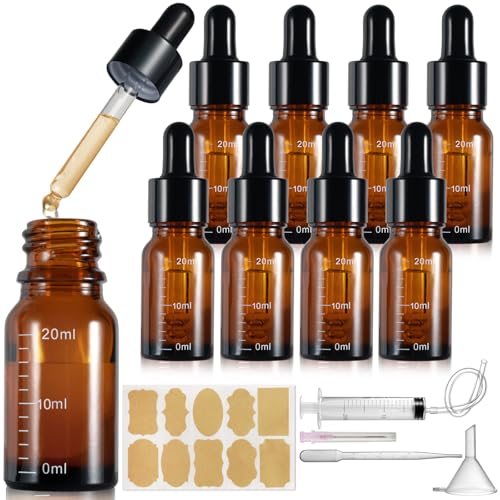 Realure 8 Stück Pipettenflasche 20ml mit Skala, Kleine Braunglas Glas Tropfflasche Dropper Bottle, Refillable Flasche mit Pipette, für Ätherische Öl Parfümöle Flüssigkeit 5 Hilfszubehör von Realure