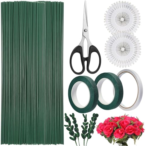 Realure Blumenstamm Draht, 85 Stück Flexibler Blumendraht 30cm Floristendraht Kit, Basteldraht Grün 2mm mit Floristenband/Bastelschere, Blumenstiele für Häkelblumen, Blumenstrauß von Realure