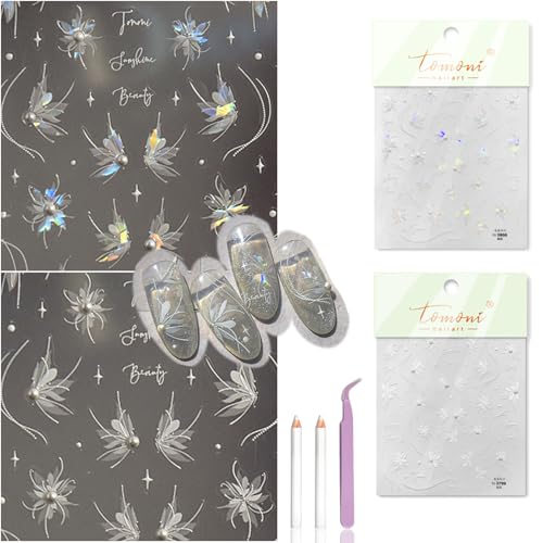 Reaqnik 2 Blatt 3D Nagelsticker Weiße Perle Blume Nail Art Sticker Selbstklebend Nagelaufkleber 5D Blumen Dekoration Laser Nageldesign Zubehör Set, mit Pinzette und Diamond Painting Stift von Reaqnik