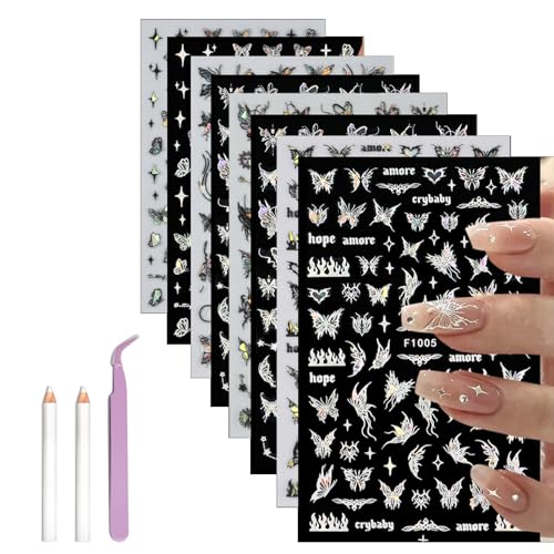 Reaqnik 8 Blatt Schmetterling Nagelsticker, Schwarz/Weiß Nagelaufkleber 3D Selbstklebend Butterfly Nail Charms für Frauen Mädchen DIY Nagel Dekoration, Set mit Pinzette und Diamond Painting Stift von Reaqnik