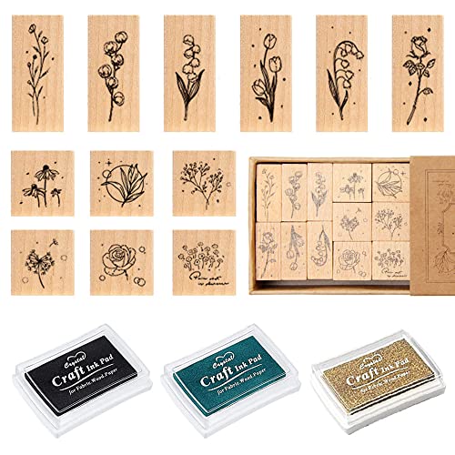 Rebanky 12 Stück Stempel Holz Set Vintage Holzstempel Blumen und Blätter Stempel Pflanzen Blumen Gräser Holzstempel zum Basteln für DIY Handwerk Basteln Scrapbooking von Rebanky