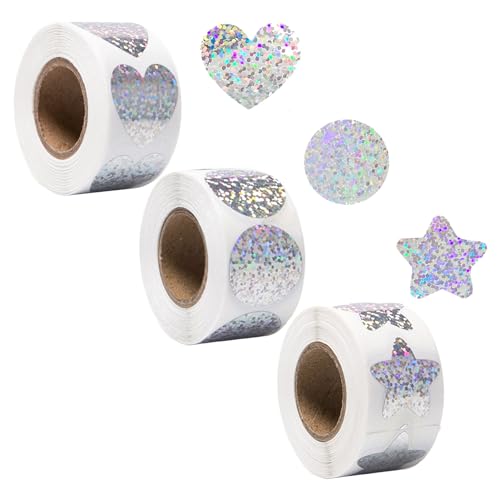 Rebanky 1500 Stück Glitzer Stern Aufkleber Silber Sterne Aufkleber Rolle Liebe Runde Glitzer Sticker Rolle Glitter Belohnung Sticker Holografische Sterne Aufkleber für Dekoration,Scrapbooking von Rebanky