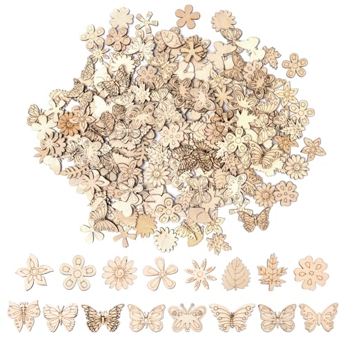 Rebanky 300 Stück Holz Schmetterlinge Klein, Deko Blumen Holzscheiben Holzscheiben Blumen Schmetterling Kleine Holzblätter und Blumen DIY für Bemalen,Scrapbooking, Dekorieren (3 Modelle) von Rebanky