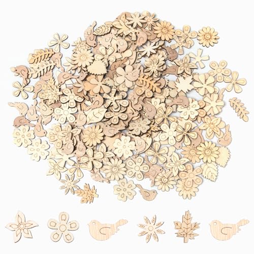 Rebanky 300 Stück Kleiner Vogel Deko Holz Deko Blumen Holzscheiben Kleine Holzblumen zum Basteln Holzblumen DIY für Scrapbooking Basteln,Bemalen Färben (3 Modelle) von Rebanky