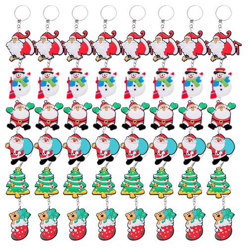 Rebanky 48 Stück Cartoon Weihnachten Schlüsselbund Schlüsselanhänger für Weihnachtsbaum Schneemann Weich-PVC Christmas Keychain Schlüsselanhänger Kinder Mitgebsel für Geldbörsen,Taschen,Partygeschenke von Rebanky