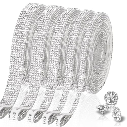 Rebanky 5 Rollen Selbstklebendes Strassband Silber 5 Größen Kristall Strass Diamant Band Selbstklebende Glitzer Bänder Strassband zum Aufnähen für DIY Kunsthandwerk Dekoration(1 Yard Lang Jede Rolle) von Rebanky