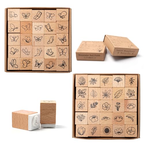 Rebanky 50 Stück Vintage Holzstempel Set – 25 Botanische Blumen, Schmetterlinge & Pflanzenmotive aus Holz/Gummi für DIY Karten, Scrapbooking & Geschenke (Inkl. Aufbewahrungsbox) von Rebanky