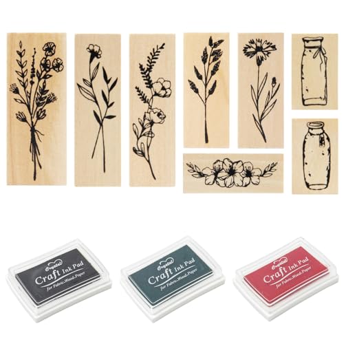 Rebanky 8 Stück Holzstempel Set Vintage Stempel Blumen und Blätter Holz Bastel Stempel Pflanzen Blatt Holzstempel Gummi für DIY Handwerk Basteln Scrapbooking von Rebanky