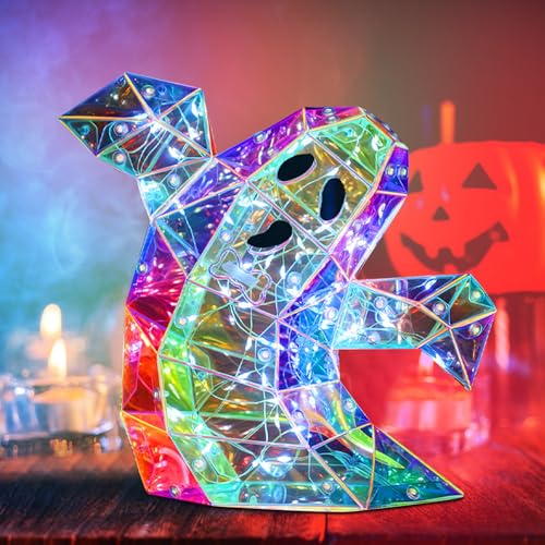 Recitem Prismatische Iridescente Geisterstatue mit LED, Kunststatue für Halloween Party Deko, Geburtstag, Thanksgiving, Weihnachten - Spukige Tischdeko für Jungen und Mädchen von Recitem