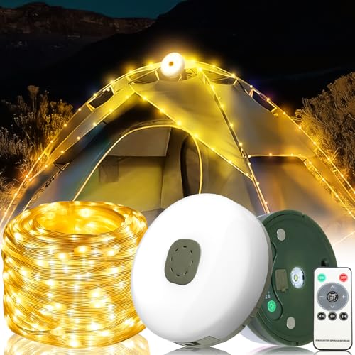 Recitem Camping Lichterkette Aufrollbar, 10m Ultra Lange Lichterkette mit 100 LEDs, Solar- und USB-aufladbar, mit Fernbedienung, Tragbares Campinglicht für Wandern, Campinglampe Solar Deko (Warmweiß) von Recitem