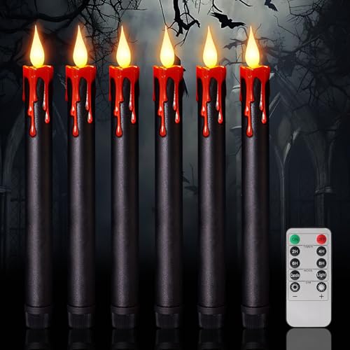 Recitem Halloween LED Kerzen mit Fernbedienung und Timer - 6er Set Flackernde Halloween Kerzen, Batteriebetriebene LED Stabkerzen mit Timerfunktion, Drip Wax Kerzen Deko für Horror Party (Schwarz) von Recitem