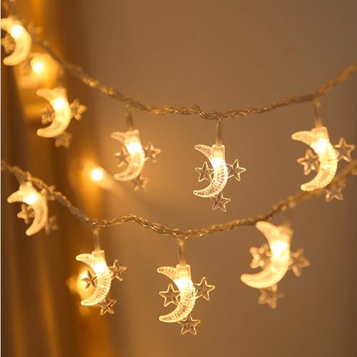 Recitem Lichterketten Vorhang LED Sterne Mond Lichterkette,USB-Deko Lichterkette mit Stern und Mond, Lichtervorhang Innen Außen Deko für Ramadan, Party, Fenster, Hochzeit,10M 100 Stück von Recitem